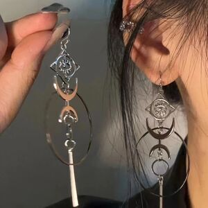Gothic Celestial Triple Moon & Evil Eye Charm Boho Statement Dangle Earrings